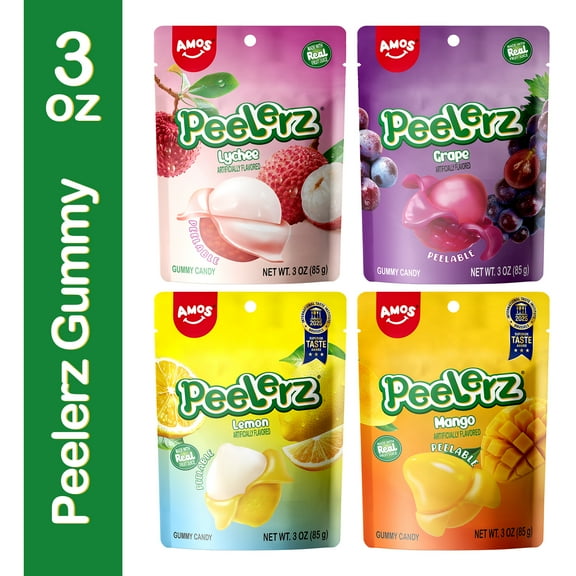 Amos Peelerz Candy Variety Packs, Gummy Candy Bulk, Mango, Grape, Lychee and Sour Lemon, 3oz (4 Packs)