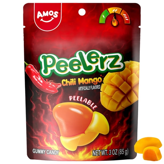Amos Peelerz Chili Mango Gummy Candy, Peelable Gummies Spicy Snacks 3 oz (1 Pack)