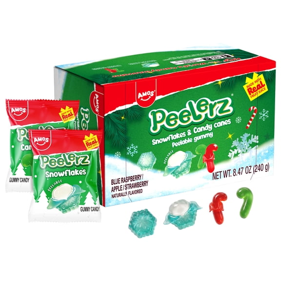 Amos Peelerz Christmas Candy, Snowflakes & Cane Naturally Flavored Candy Gifts, 8.47oz