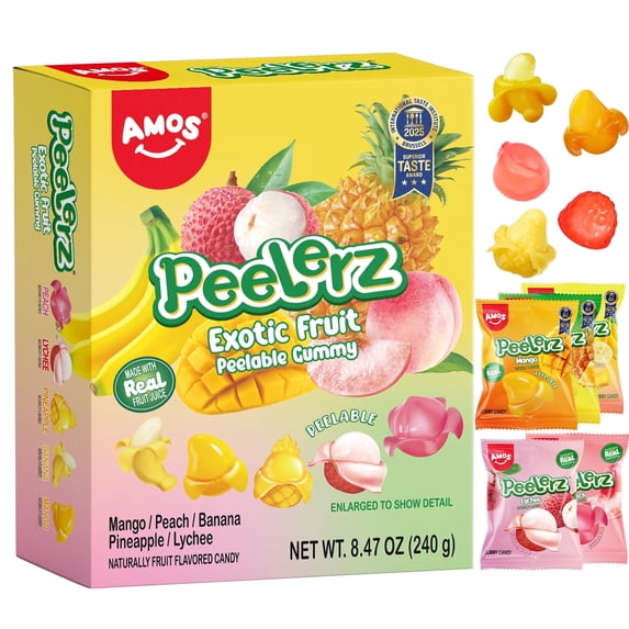 Amos Peelerz Exotic Fruit Gummy Candy, Variety Pack Candy Individually Wrapped Pack 8.47 oz