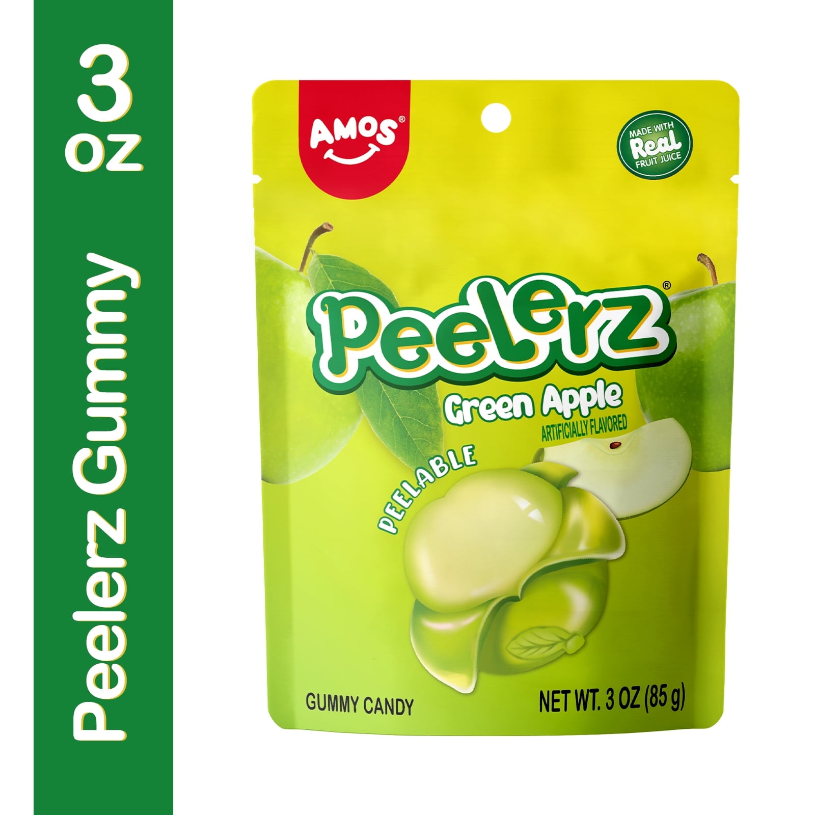 Amos Peelerz Green Apple Gummy Candy, Shareable Size Dash individually Wrapped 3 oz(1 Pack)
