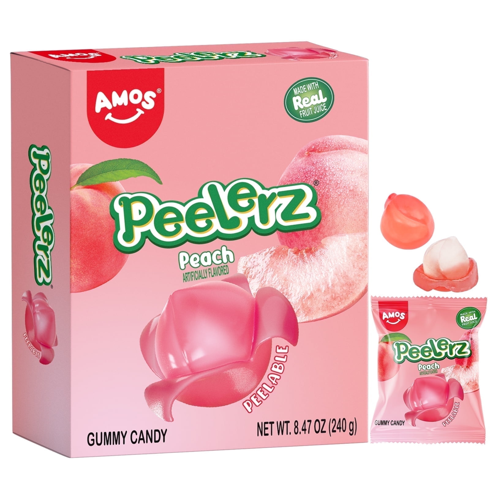 Amos Peelerz Gummies Peach Candy Gummy Chewy Bulk Candy Shareable Pack 8.47 oz (1 Pack)