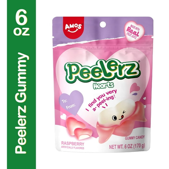 Amos Peelerz Gummy Candy, Raspberry Gummy Hearts Fat-Free Snacks, Gifts for Valentine's Day - 6 oz