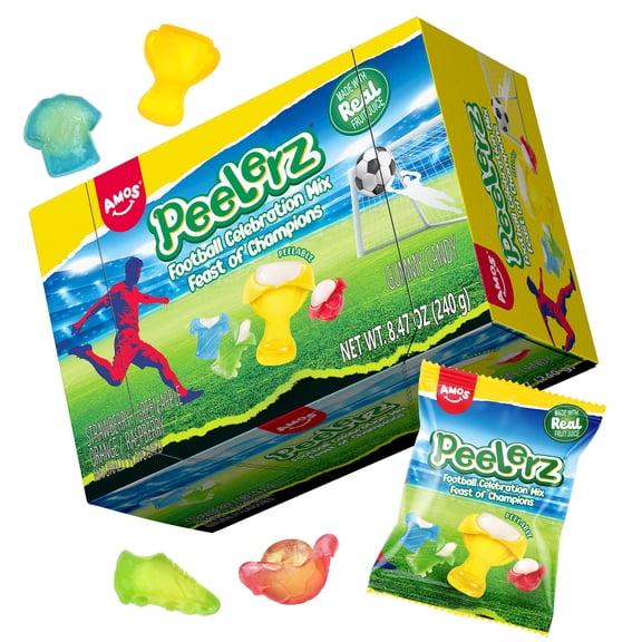 Amos Peelerz Gummy Candy Soccer Mixed Flavors Gummies, Peelable Gummy Football Celebration Mix Soccer Candy 8.47 oz