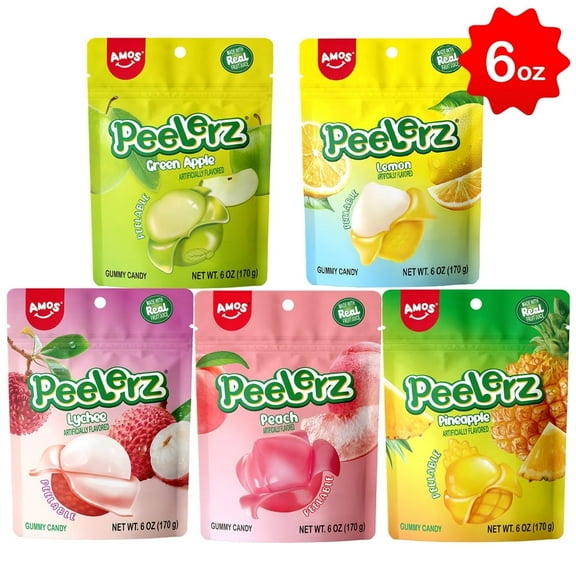 Amos Peelerz Gummy Candy Variety Pack - 5 Individual Packs, Green Apple, Lemon, Lychee, Peach and Pineapple 6oz