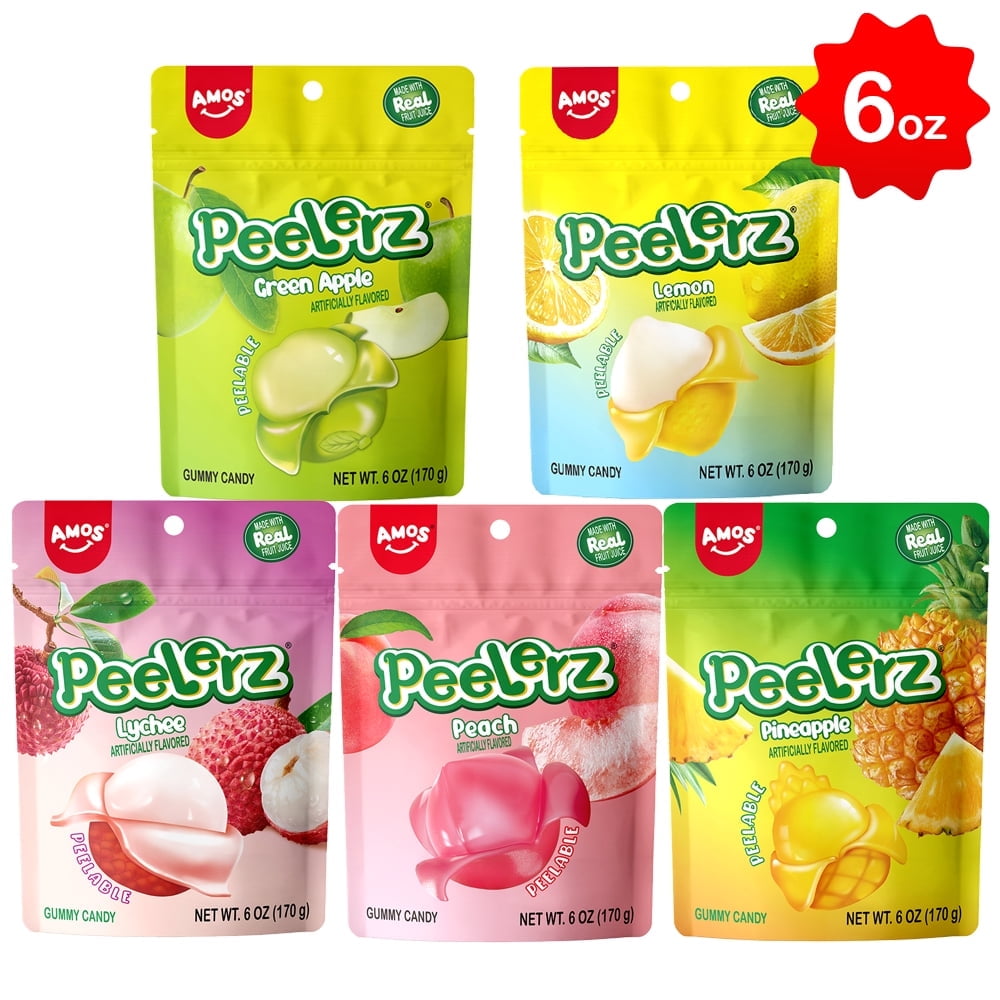 Amos Peelerz Gummy Candy Variety Pack - 5 Individual Packs, Green Apple, Lemon, Lychee, Peach and Pineapple 6oz