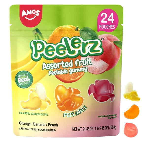 Amos Peelerz Gummy Candy Variety Packs, Peach, Banana, Orange Flavors, 24 Shareable Packs, 21.45 oz