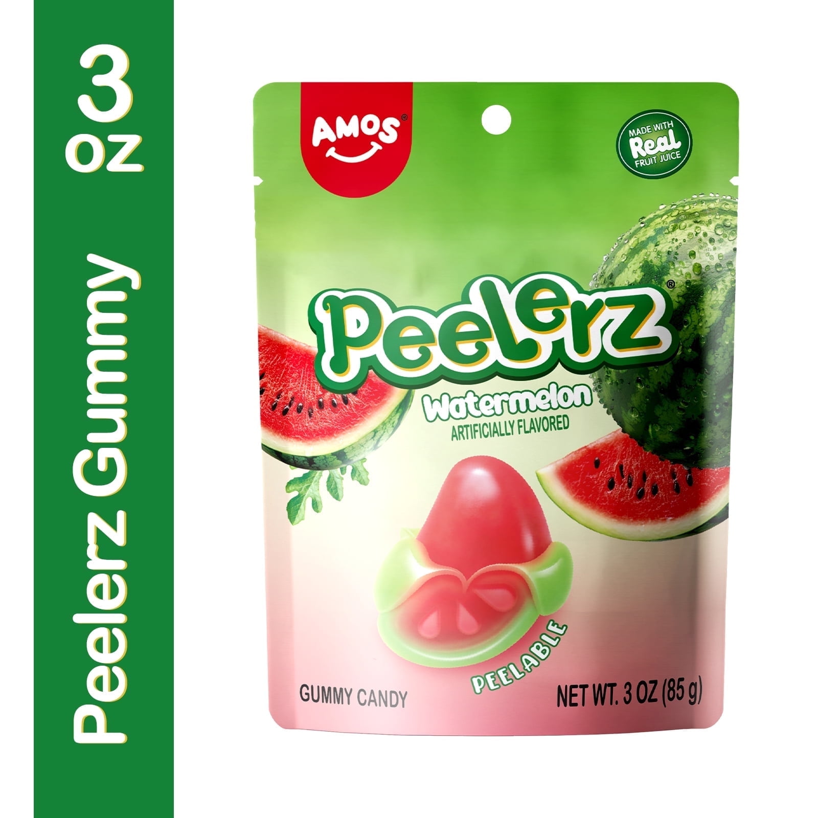Amos Peelerz, Gummy Candy, Watermelon Flavor, Peelable Gummy, 3 oz Bag