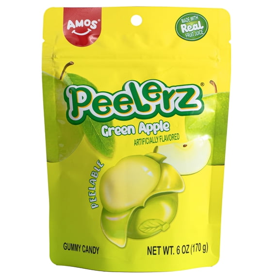 AMOS Peelerz Gummy Green Apple (6 oz), Gummy Candy, Resealable Bag, No Allergens