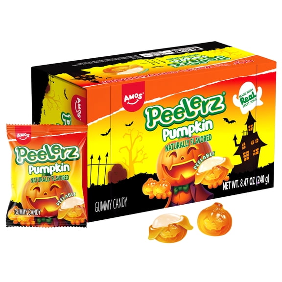 Amos Peelerz Halloween Gummy Candy Pumpkin Flavor, Naturally Halloween Party Treat Gluten-Free Pumpkin Head Candy, 8.47 oz