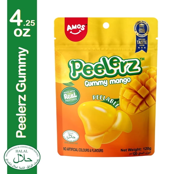 Amos Peelerz Mango Gummy Candy, Peelable Candy Halal Gummies Made with Real Juice 4.25oz