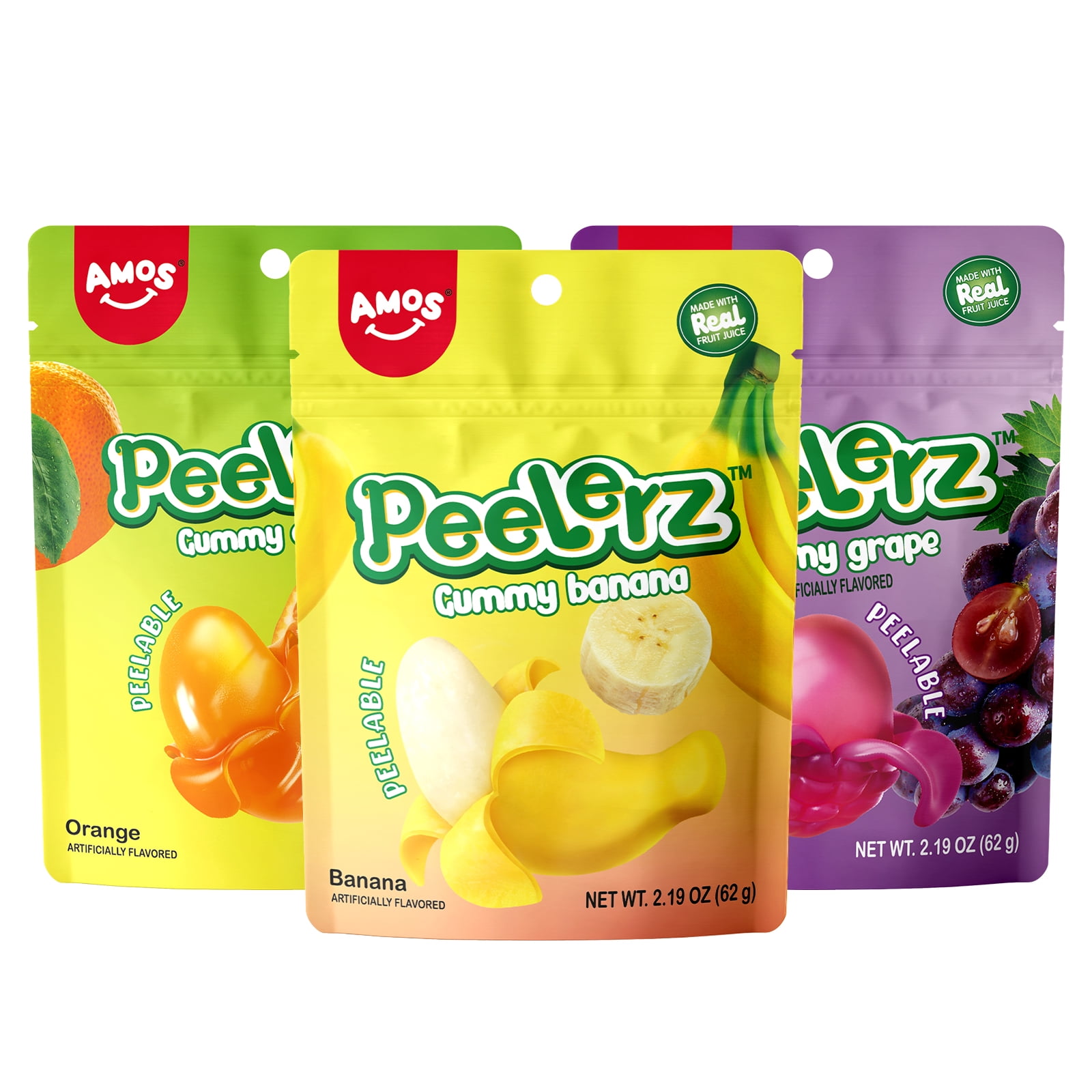 Amos Peelerz Mixed Fruit Gummies Candy Gummy Variety Pack - 3 Individual Packs, Banana, Orange, Grape 2.19 oz
