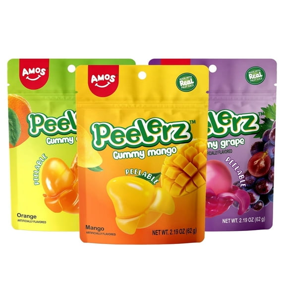 Amos Peelerz Mixed Fruit Gummies Candy Gummy Variety Pack - 3 Individual Packs, Mango, Orange, Grape 2.19 oz
