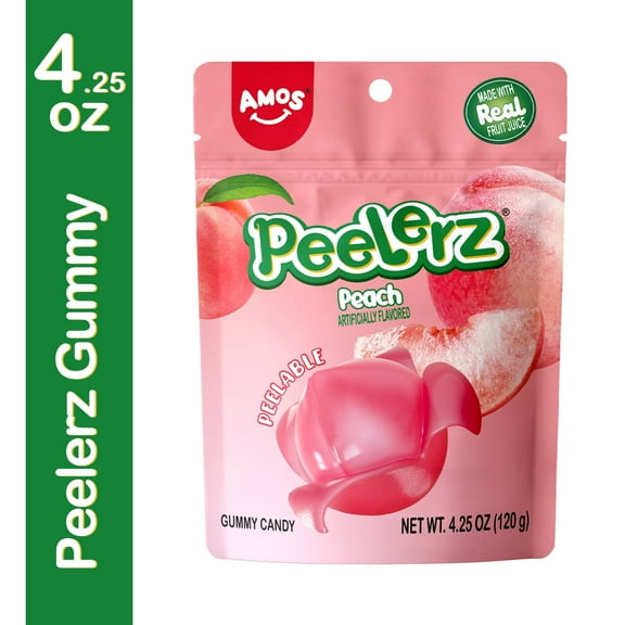 Amos Peelerz Peach Gummy Candy, Shareable Size Dash Invidually Wrapped 4.25 oz(1 Pack)