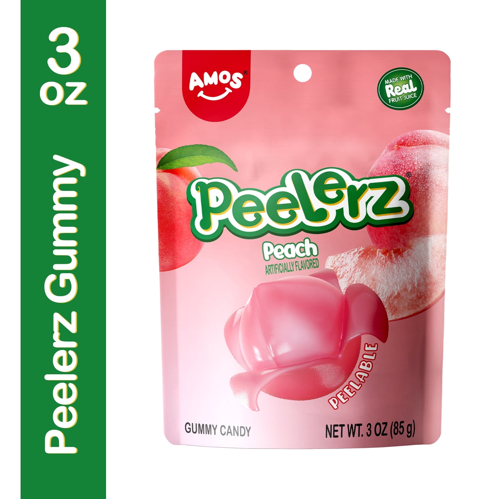 Amos Peelerz Peach Gummy Candy, Shareable Size Dash Invidually Wrapped 3 oz(1 Pack)