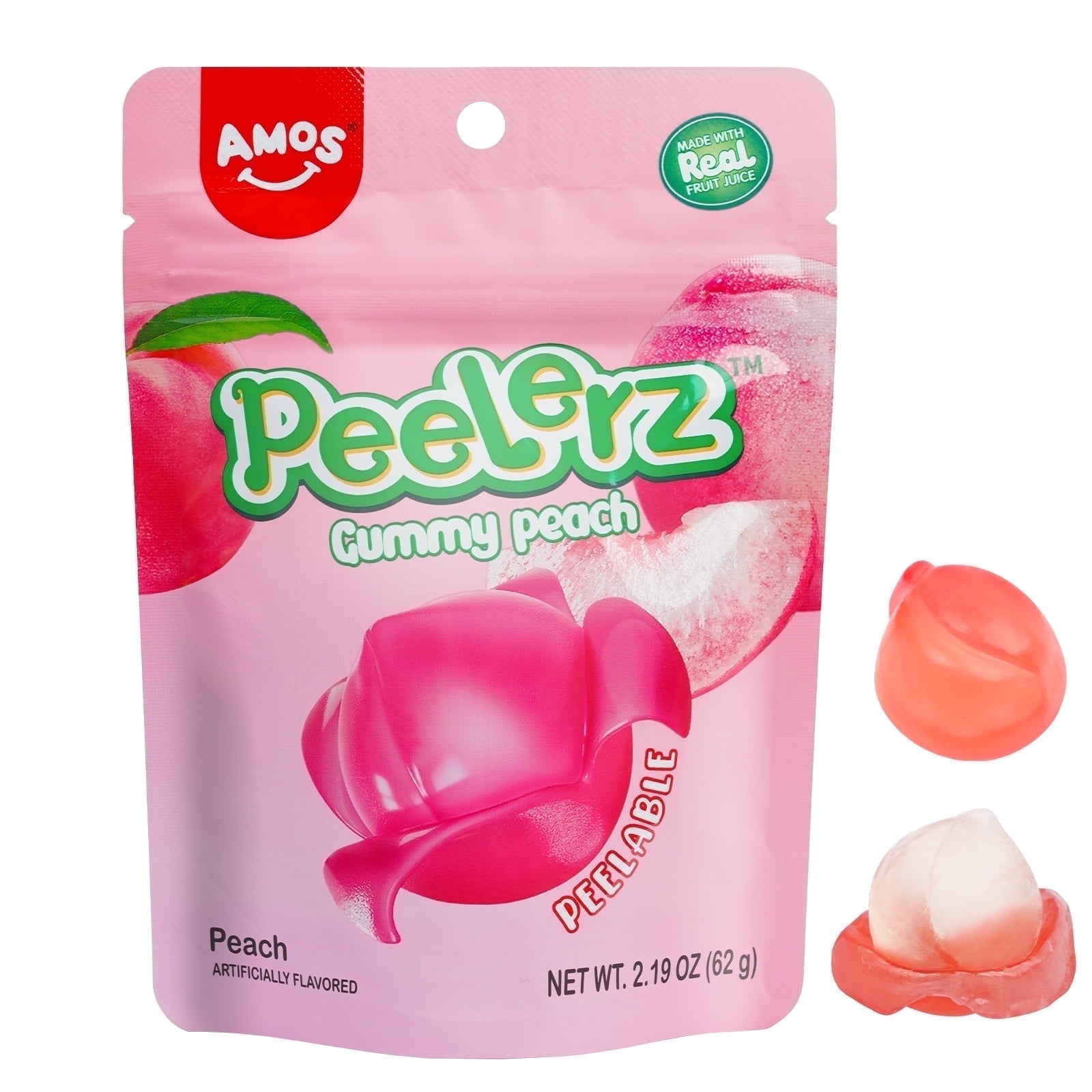 Amos Peelerz Peachable Peach Gummy Candy, Resealable, 3 Pack, 2.19oz