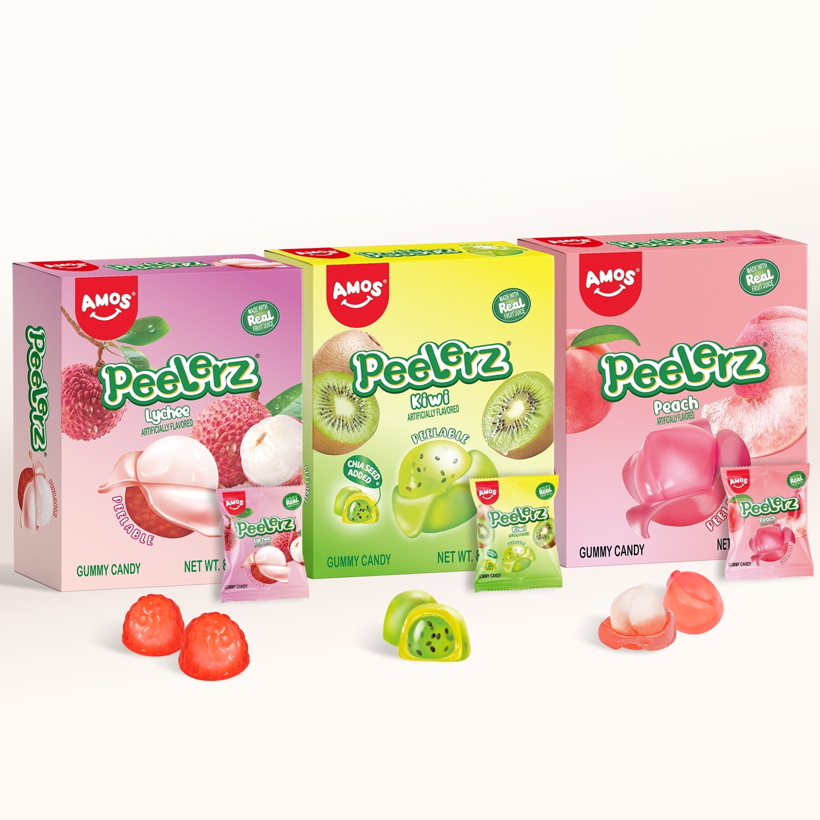 Amos Peelerz Variety Candy Pack, Fruit Gummy Candy Mixed Lychee, Kiwi, Peach, Mothers Day Gifts, 8.47 oz (3 Pack)