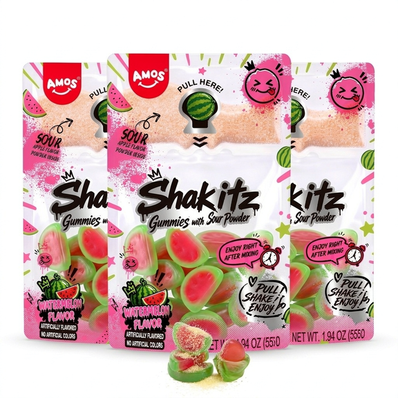 Amos Shakitz Watermelon Sour Gummy Candy, Mixing Sour Powder Peelable Gummy Candy, 1.94oz (3 Packs)