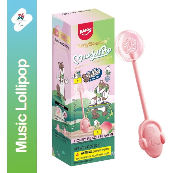 Amos TastySounds Audio Lollipops, Peach Natural Flavor, Olympics Music Lollipops