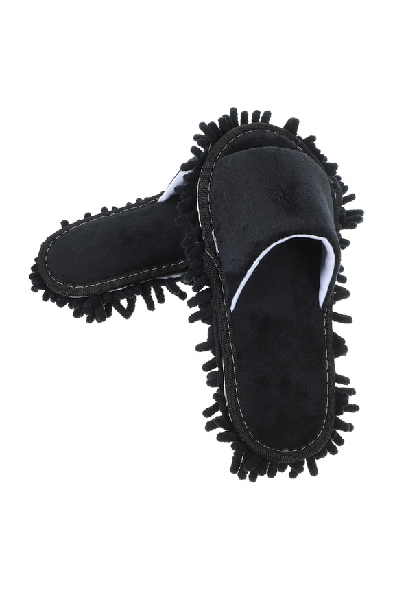 1Pair Black Mop Slippers with Chenille Bottom for Indoor Floor Cleaning and Dusting