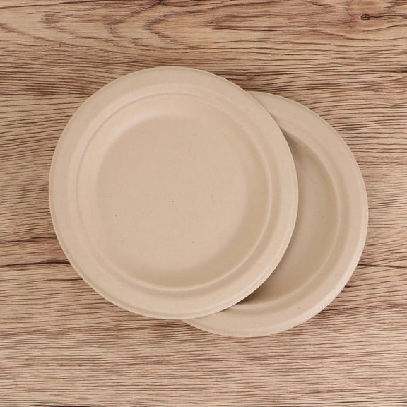 Amosfun 100Pcs Round Beige Paper Plates Food Serving Tray Biodegradable Cake Tableware