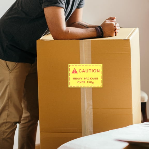 Amosfun 100Pcs Yellow Shipping Warning Stickers Heavy Object Caution Labels Adhesive for Logistics