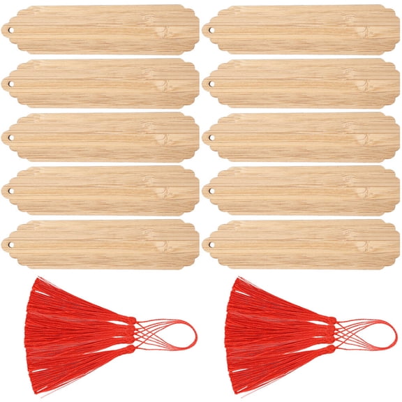 Amosfun 10 Sets Wooden Bookmarks with Red Fringe, Graffiti Style Page Markers for Craft and Reading Accessories