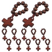 Amosfun 12pcs Wood Finger Rosary Ring with Cross Pendant Catholic