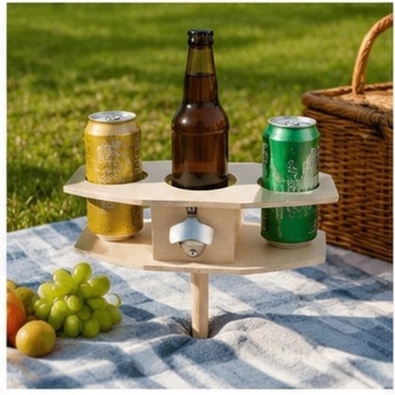 Amosfun Khaki Wooden Wine Table Stake, Outdoor Garden Picnic Insert Rack, Portable Camping Wine Glass Holder for Patio Lawn, 1Pc
