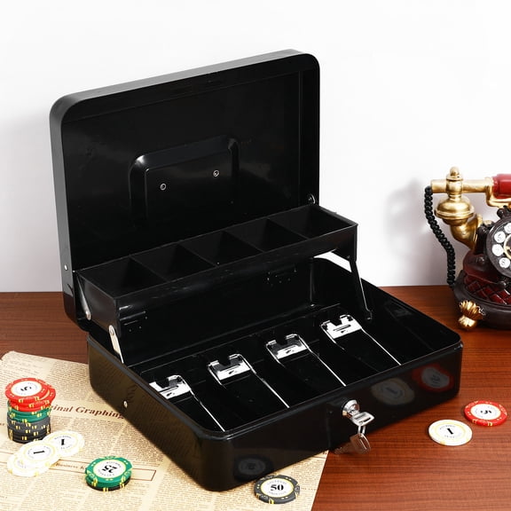 Amosfun 1Set Black Cash Saving Box Heavy Duty Iron Cash Register Drawer with Key Lock