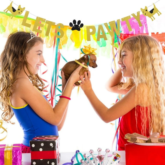 Amosfun 1Pcs Pet Themed Banner LETS PAWTY Banner Golden Paper Photo Prop for Theme Parties