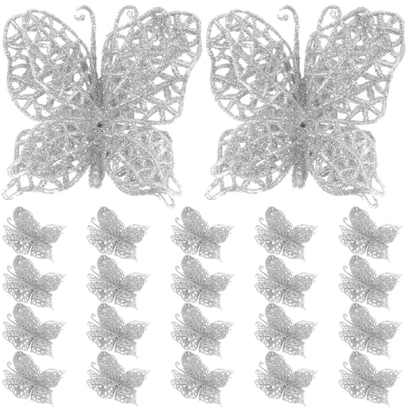 Amosfun 24pcs Butterfly Hanging Decorations Silver Plastic Stage Decorations Event Planners