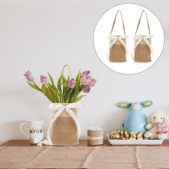 Amosfun Set of 2 Linen Flowerpot Storage Bags Natural Burlap Baskets for Wedding, Banquet, and Home Decoration