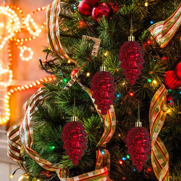 Amosfun 8Pcs Christmas Pine Cone Hanging Decor Dark Red Plastic Ornaments for Tree