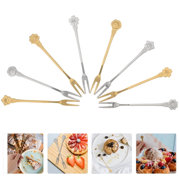 Amosfun 8Pcs Flower Design Metal Dessert Forks Plated Silver Stainless Steel Suitable for Party Use