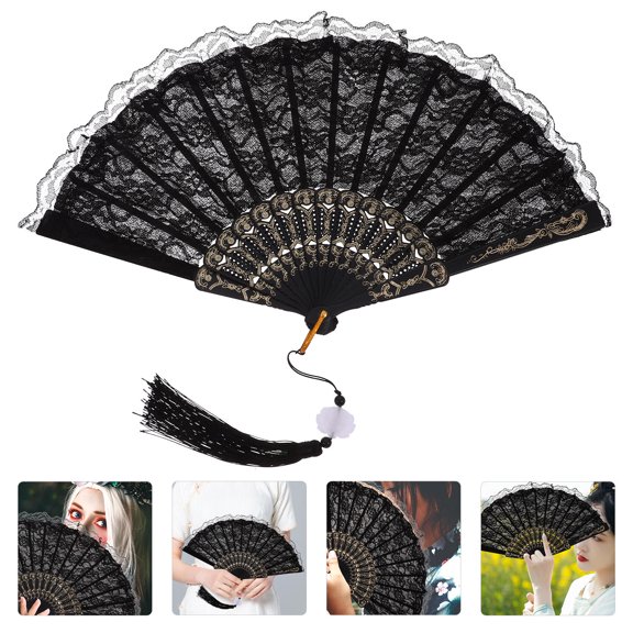 Amosfun Chinese Style Hand Fan Folding Fan Black Lace Cooling Performance 1Set