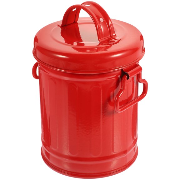 Amosfun Creative Red Iron Storage Bucket with Lid for Desktop Trash and Pen Storage