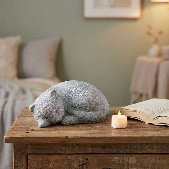 Amosfun Durable Cat Memorial Urn Grey Resin Artistic Sleeping Cat for Home Remembrance