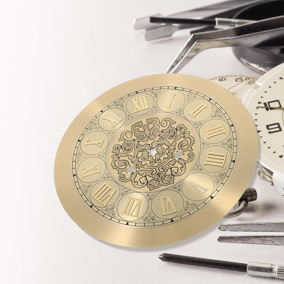 Amosfun Golden Round Metal Clock Face with Roman Numerals for Clock Dial Replacement Kit