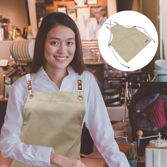 Amosfun Khaki Chef Apron with Adjustable Strap and Pocket for Comfortable Kitchen Cooking Use