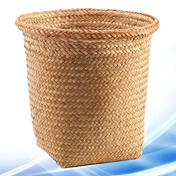 Amosfun Khaki Straw Woven Basket Round Laundry Storage Bucket with Fine Texture