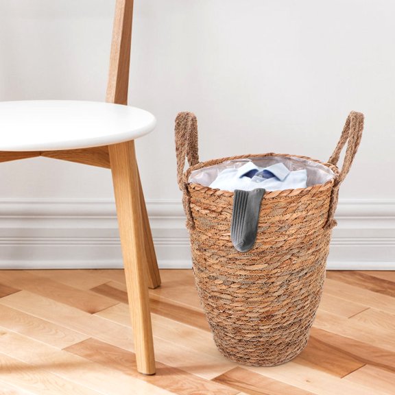 Amosfun Light Brown Straw Woven Flower Basket with Liner Perfect for Indoor Plant Storage