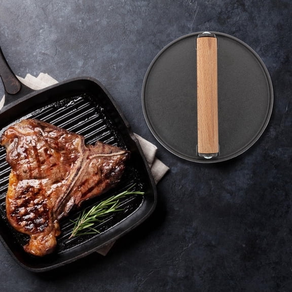 Amosfun Steel Cast Iron Steak Press Board with Smooth Surface and Wooden Handle