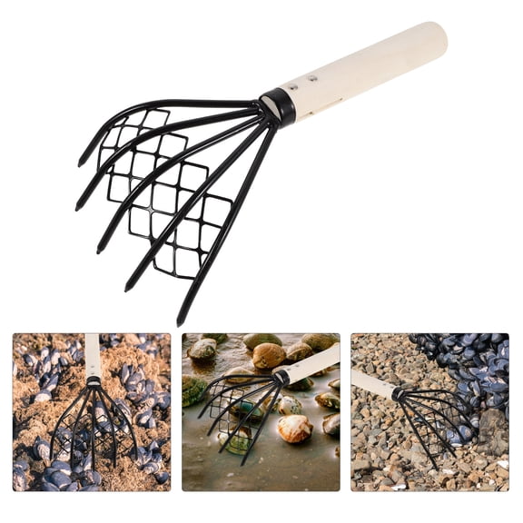 Amosfun Multipurpose Garden Hand Rake with Carbon Steel Claws and Wooden Handle for Shell Digging