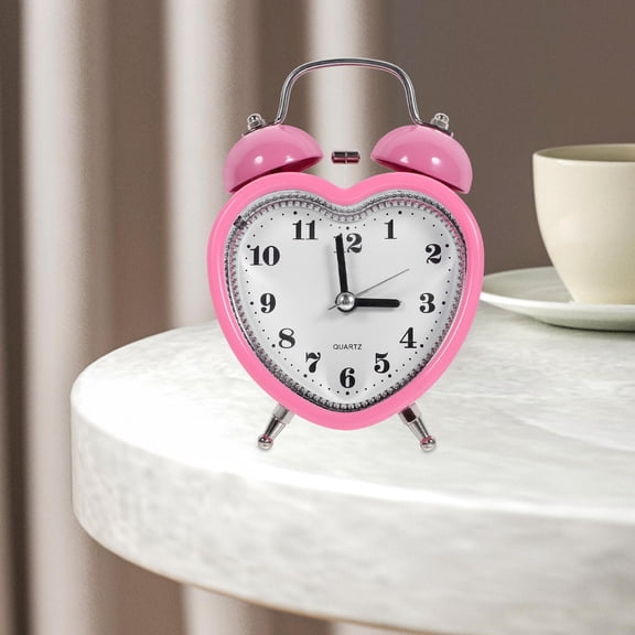 Amosfun Pink Heart Shape Alarm Clock Battery Operated Non Ticking Twin Bell Design
