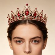 Amosfun Red Rhinestone Headpiece Crown for Wedding Bridal Prom and Graduation Celebrations