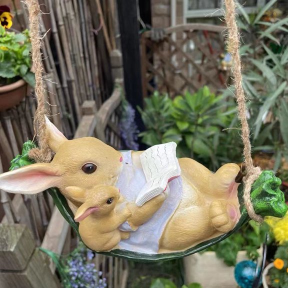 Amosfun Lifelike Resin Swing Rabbit Statue for Garden and Yard Decoration with Detailed Texture