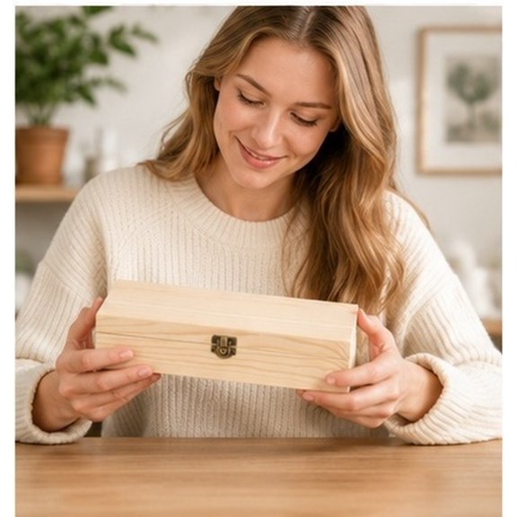Amosfun Rustic Beige Rectangular Wood Box with Smooth Hinged Lid for Recipe Card Storage