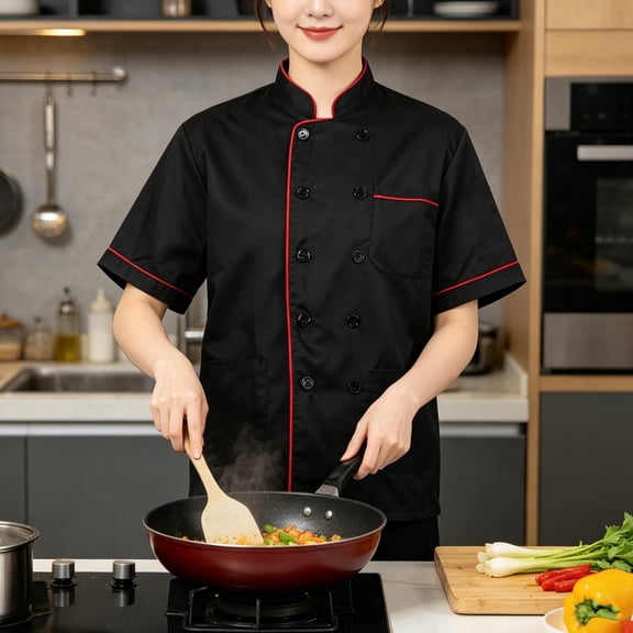 Amosfun Unisex Black Chef Coat Short Sleeve Stain Resistant Kitchen Uniform for Cooking Staff