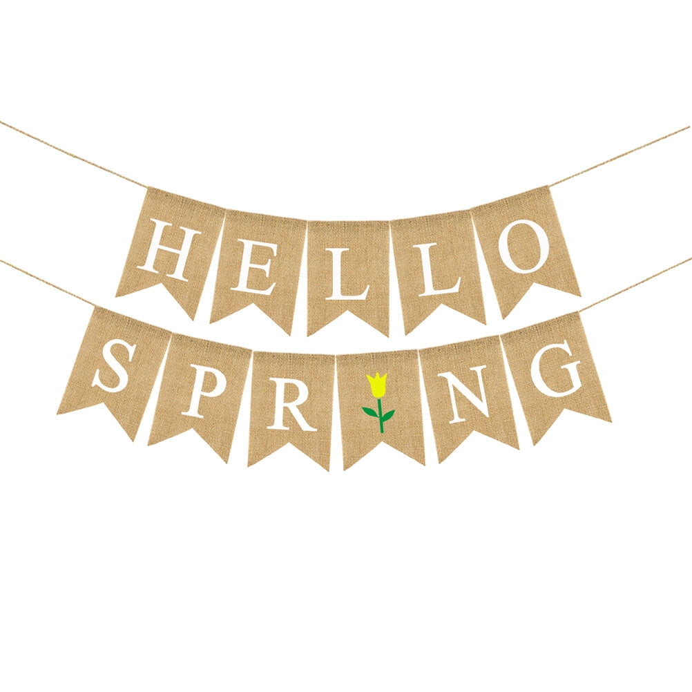 Amosfun Spring Banner Burlap Khaki Swallowtail Flag with Hello Spring ...